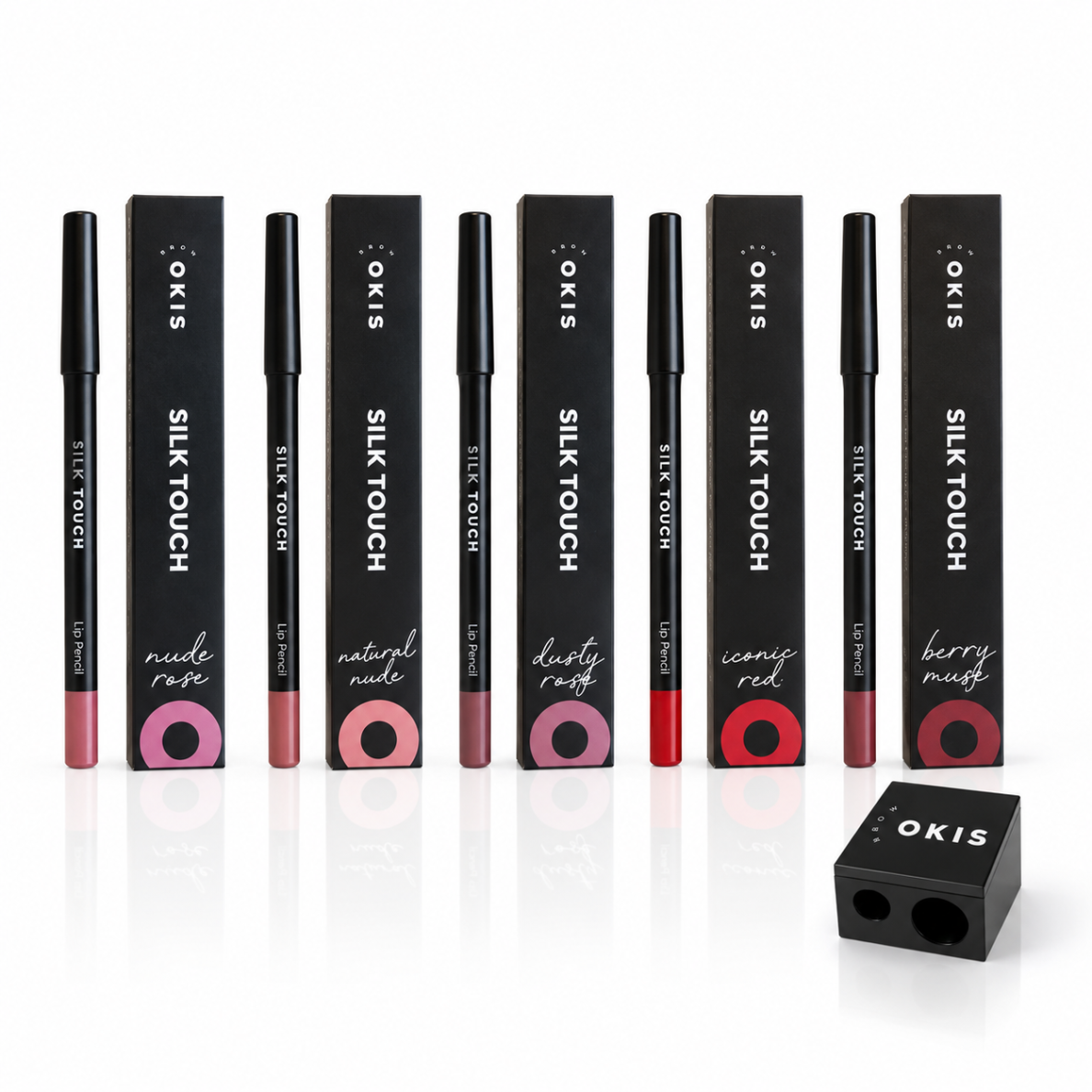 OKIS BROW Silk Touch LŪPŲ PIEŠTUKŲ RINKINYS: Nr. 01–05 + DOVANA pieštukų drožtukas