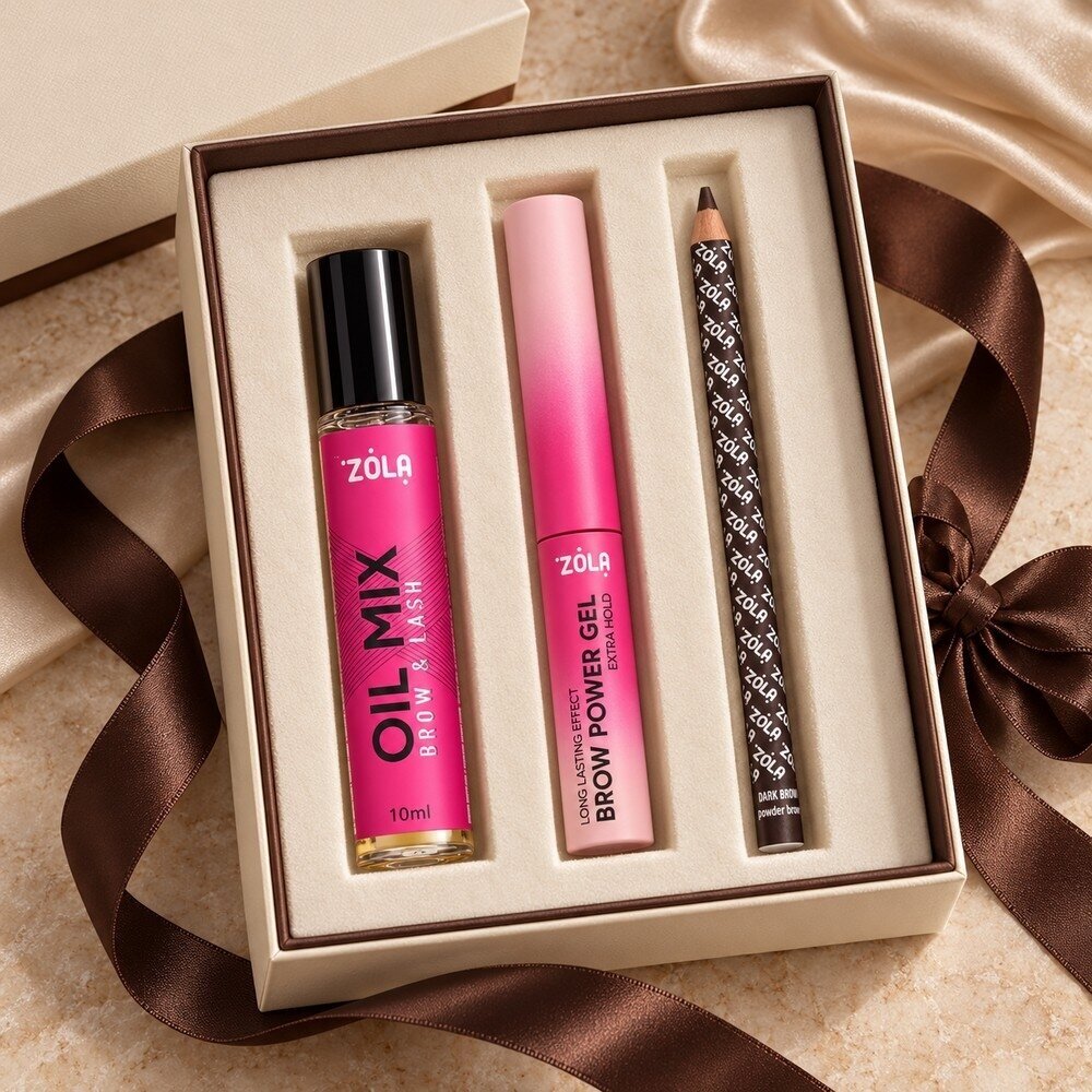 ZOLA ANTAKIŲ RINKINYS: pieštukas Dark Brown + Brow Power Gel + aliejus OIL MIX