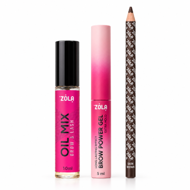 ZOLA ANTAKIŲ RINKINYS: pieštukas Dark Brown + Brow Power Gel + aliejus OIL MIX 1