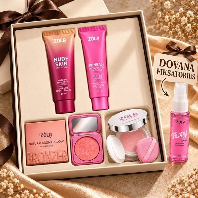 ZOLA RINKINYS: makiažo pagrindas 01 + SPF 50 SKINBASE + pudra 02 + skaistalai 01 + bronzantas 02 Tan Bronze 1